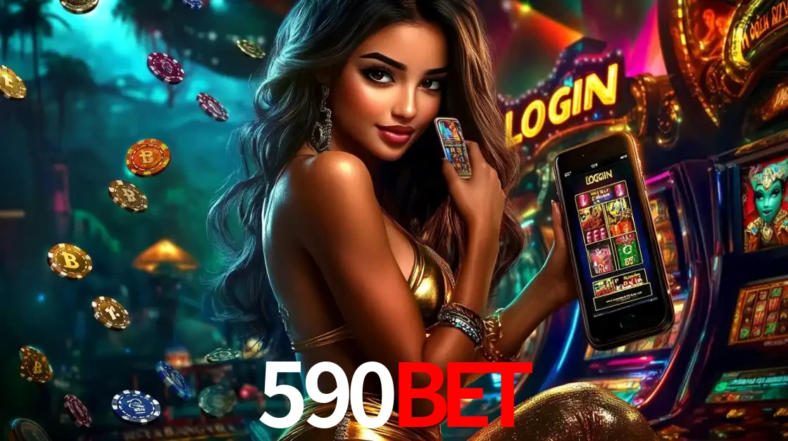 Mulher em um cenário de cassino temático de aventura, mostrando o app de caça-níqueis da 590bet no celular. Fichas de apostas flutuam ao redor.