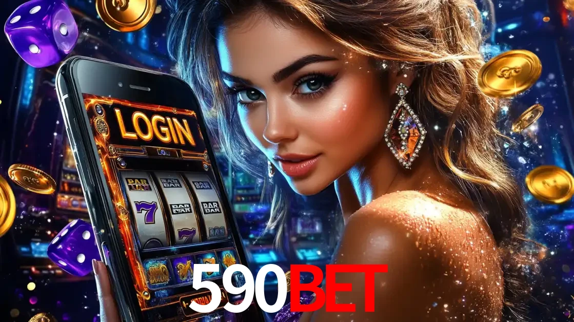 Mulher glamorosa segurando um smartphone com a tela de login para os jogos de caça-níqueis do cassino online 590bet, com moedas de ouro e dados ao redor.