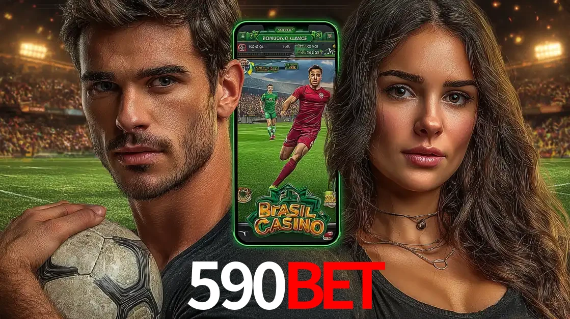 Homem segurando uma bola de futebol e uma mulher ao lado de um smartphone exibindo o jogo de apostas esportivas da 590bet. Faça seu palpite no cassino online.